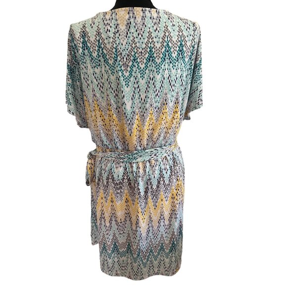 Jessica Simpson Muti-Colored Faux Wrap Dress V Neck Chain Accent, Size 12 - Picture 4 of 11